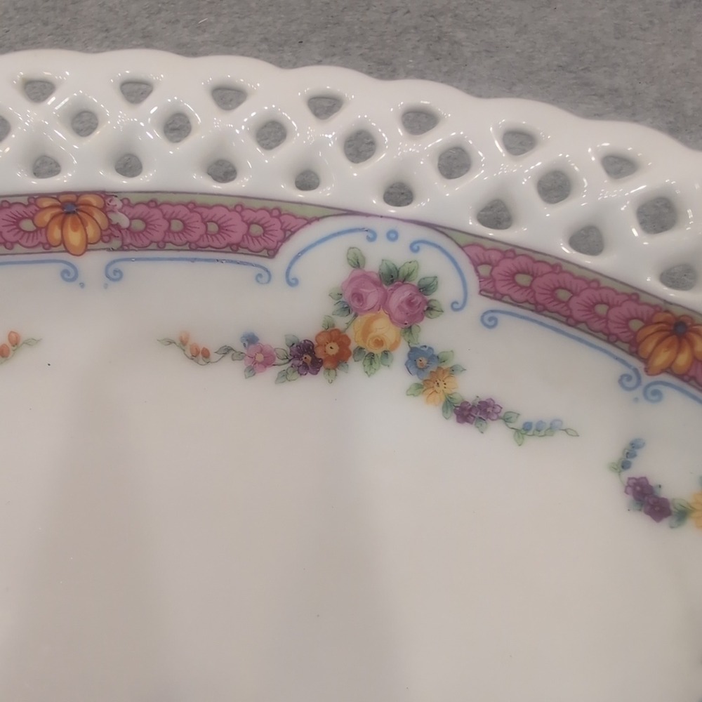Schumann Arzberg Bavaria Reticulated Floral Porcelain Oval Bowl Pink Lattice Rim - Picture 2 of 7